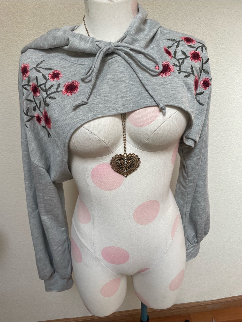 Charlotte Russe Light Gray Cropped Hoodie with Pink Floral Embroidery